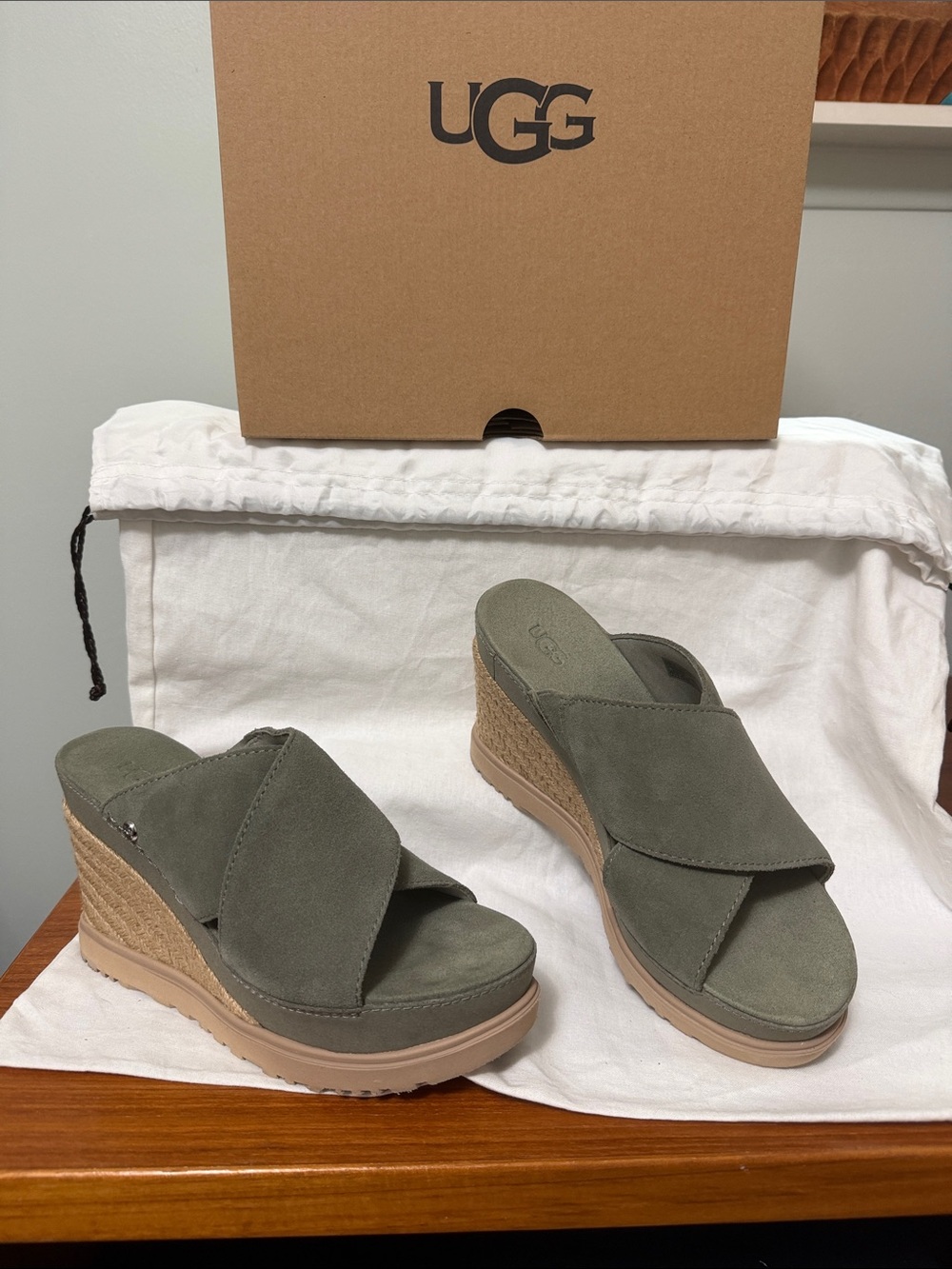UGG Olive Suede Crisscross Wedge Slides